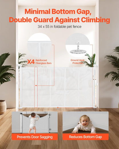 VEVOR Retractable Baby Gate, 34 inch Tall, Extends up to 71 inch Wide, Retractable Gate for Kids or Pets, Mesh Material, Easy to Install for Indoor Stairs, Doorways, Hallways, Playrooms, Gray