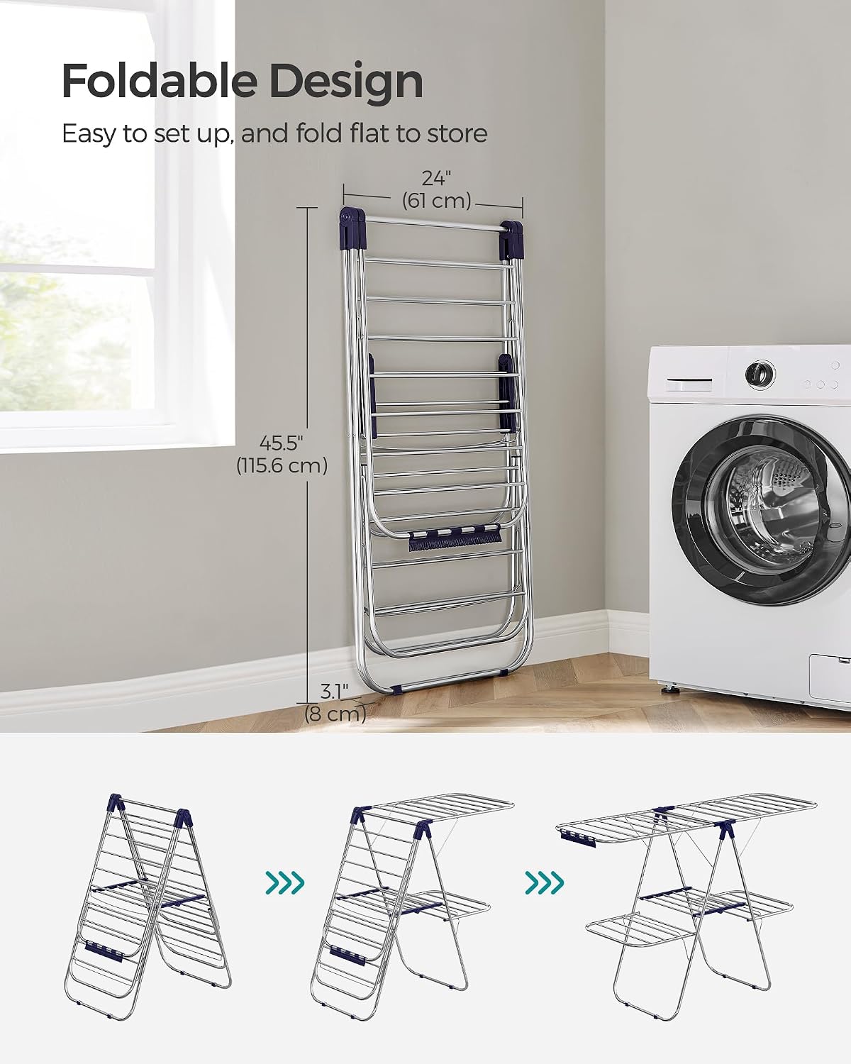 SONGMICS Clothes Drying Rack, with Sock Clips, Metal Laundry Rack, Foldable, Space-Saving, Free-Standing Airer, with 2 Height-Adjustable Gullwings, Indoor Outdoor Use, Gray ULLR052G01