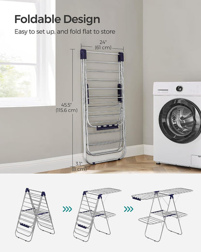 SONGMICS Clothes Drying Rack, with Sock Clips, Metal Laundry Rack, Foldable, Space-Saving, Free-Standing Airer, with 2 Height-Adjustable Gullwings, Indoor Outdoor Use, Gray ULLR052G01