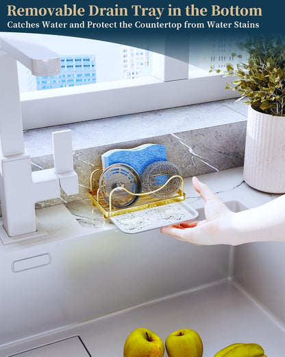 Consumest Sponge Holder for Kitchen Sink - Movable Sink Caddy for Countertop Organizer, 304 Stainless Steel Sponge Holder with Detachable Drip Tray for Kitchen Accessories-Silver