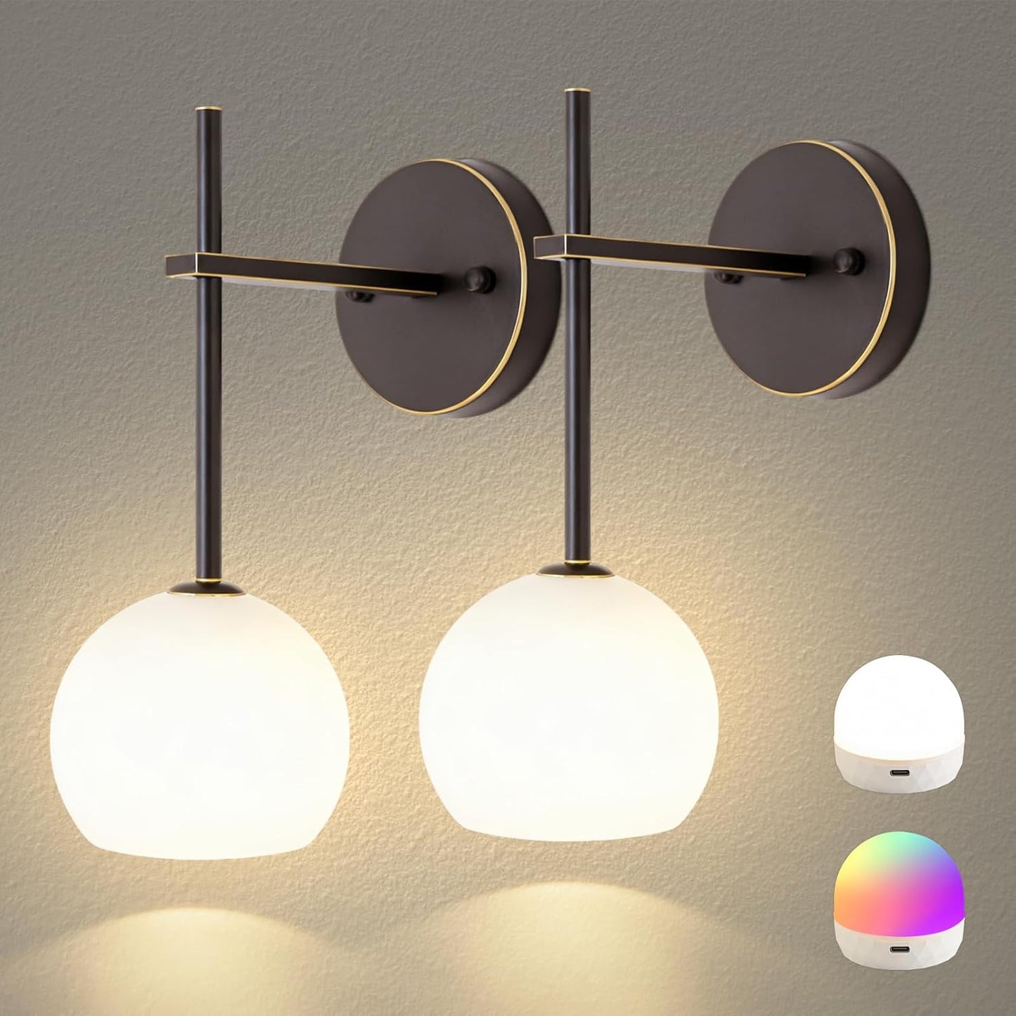 Brass Battery Operated Wall Sconces Set of 2, Rechargeable Wireless Wall Lights with Milky White Frosted Glass, 12 RGB and 3CCT Dimmable, Wall Lamps with Remote for Bedroom Living Room Hallway