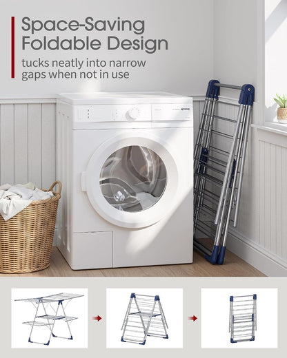 Sakugi Clothes Drying Rack, Foldable 2-Level Laundry Drying Rack with Height-Adjustable Wings, for Clothing & Bedding, Free-Standing Space-Saving Rack, Indoor & Outdoor, 55.5" L × 22.8" W, Gray