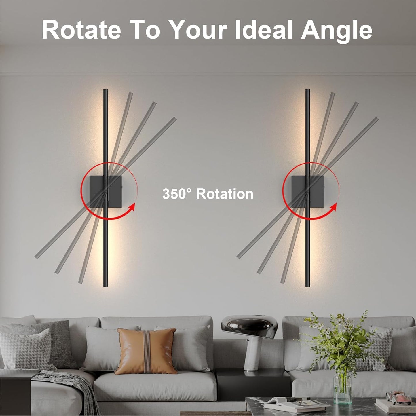 Tartek Battery Operated Wall Sconces Set of Two, Rechargeable Wall Lights with Remote Control, Dimmable 3000K-6000K LED Wall Lamp, 360°Rotate, Long Wireless Sconces for Living Room, Bedroom