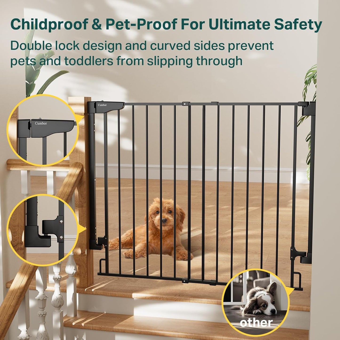 Cumbor 29.2–43" Baby Gate for Stairs, Hardware Mounted (Drill Required), Expandable No Bottom Bar Dog Gate, Auto Close Extra Wide Walk Thru, Pet & Toddler Proof Gate, Top & Bottom of Stairways (White)