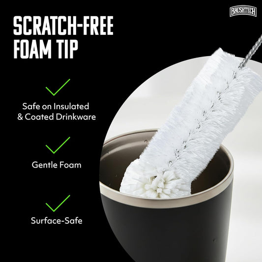 Brushtech Foam Tip Travel Mug Washing Brush – Scratch-Free Foam Head Cleaner with Bristle Body for Insulated Mugs, Tumblers & Bottles, Durable Plastic Handle Drinkware Cleaning Tool