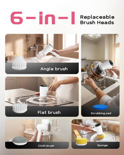 PUFTEM Electric Spin Scrubber for Bathroom Cleaning, Cordless Shower Scrubber with 6 Brush Heads, Dual-Direction Rotation, Handheld Cleaning Brush for Grout, Tile, Tub, Sink & Corners, White