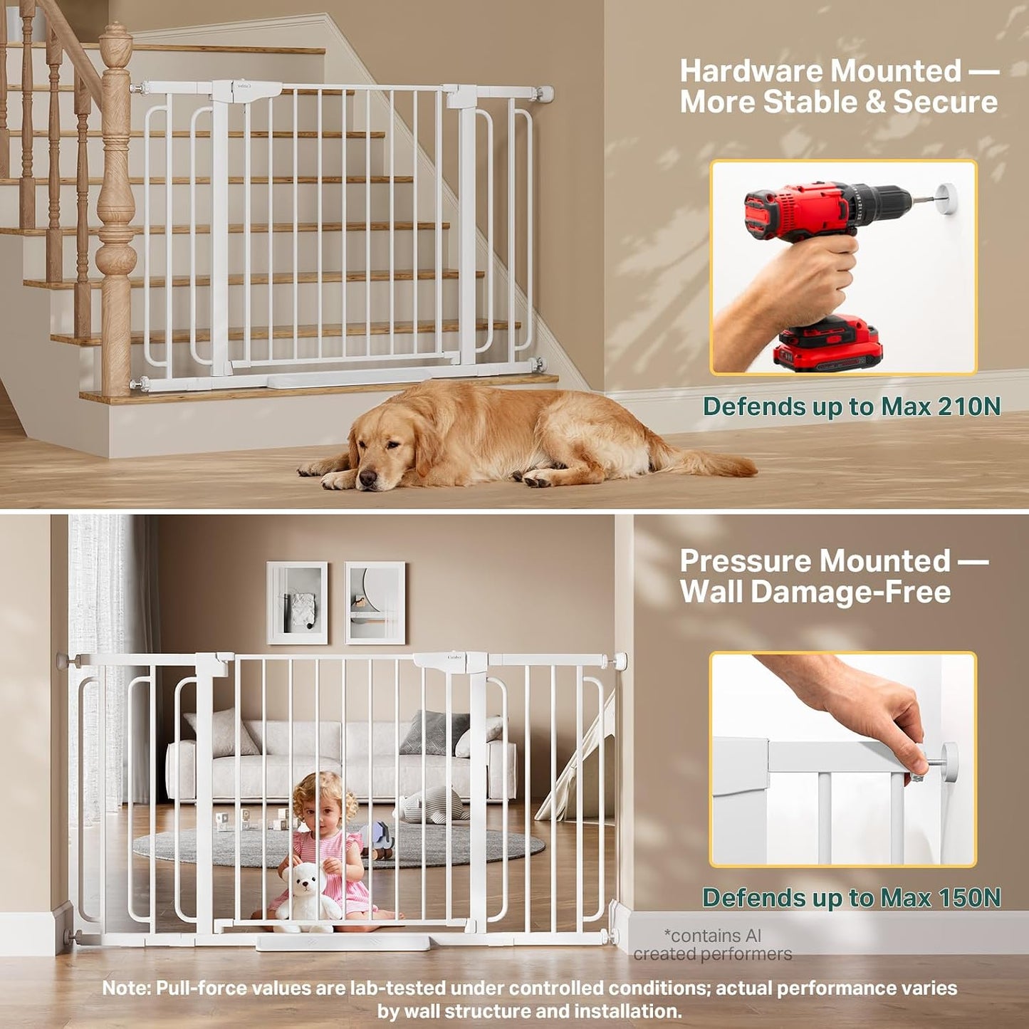 Cumbor 29.7-48" Baby Gate for Stairs, Mom's Choice Awards Winner-Dog Gate for Doorways, Auto Close Safety Pet Gate for Dogs Indoor, Easy Install Pressure Mounted Child Gate with Walk Thru Door, Brown