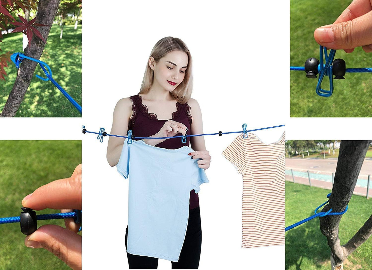 2 Pack Portable Clothesline with 12 Clothespins, Windproof Travel Stretchy Retractable Elastic Laundry Clothes Line for Backyard, Vacation Hotel, Balcony Drying