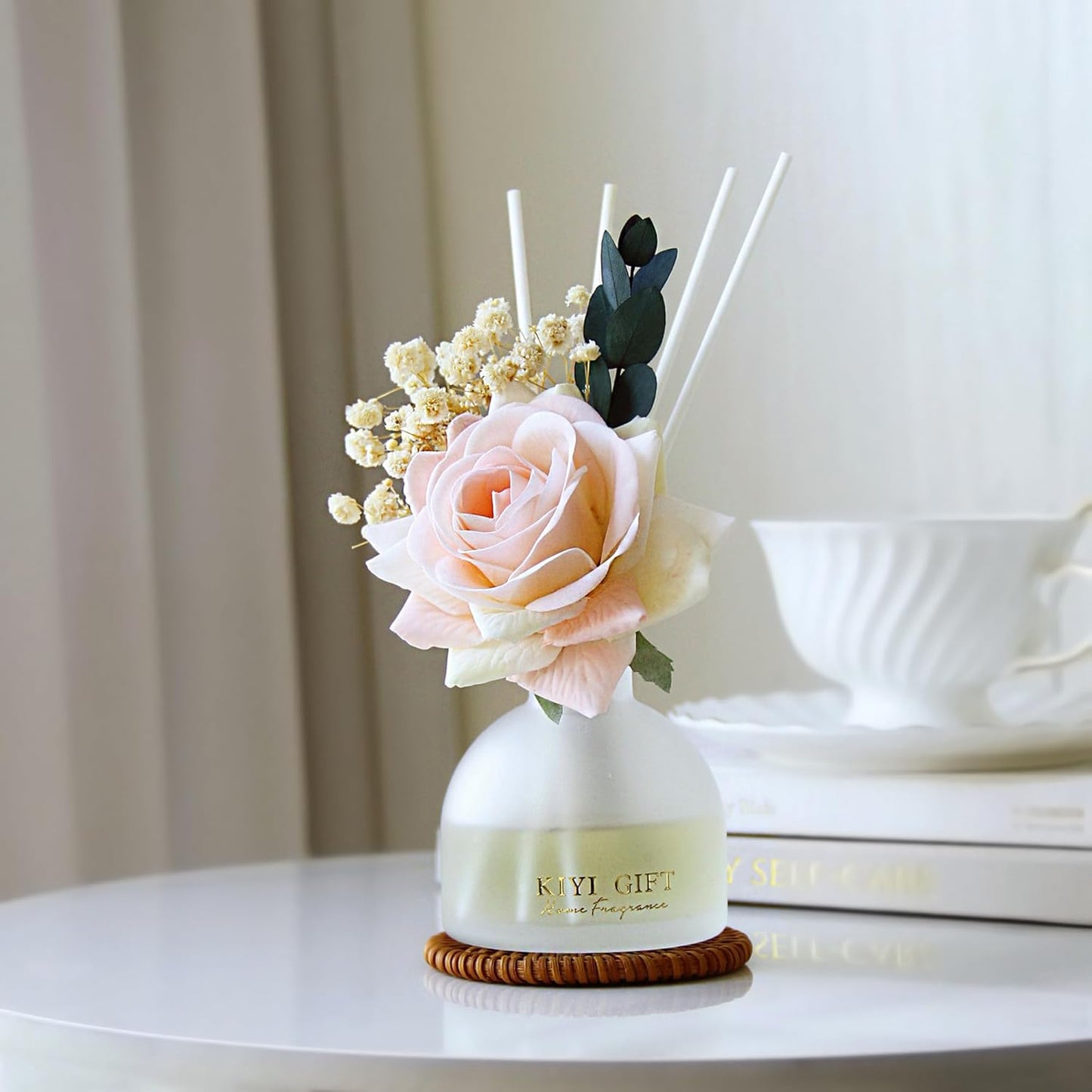 Reed Diffuser Set,4.06 oz Scent Flower Diffuser with 6 Sticks,Home Fragrance,Reed Diffuser for Bathroom Shelf Decor (Jasmine Rose)