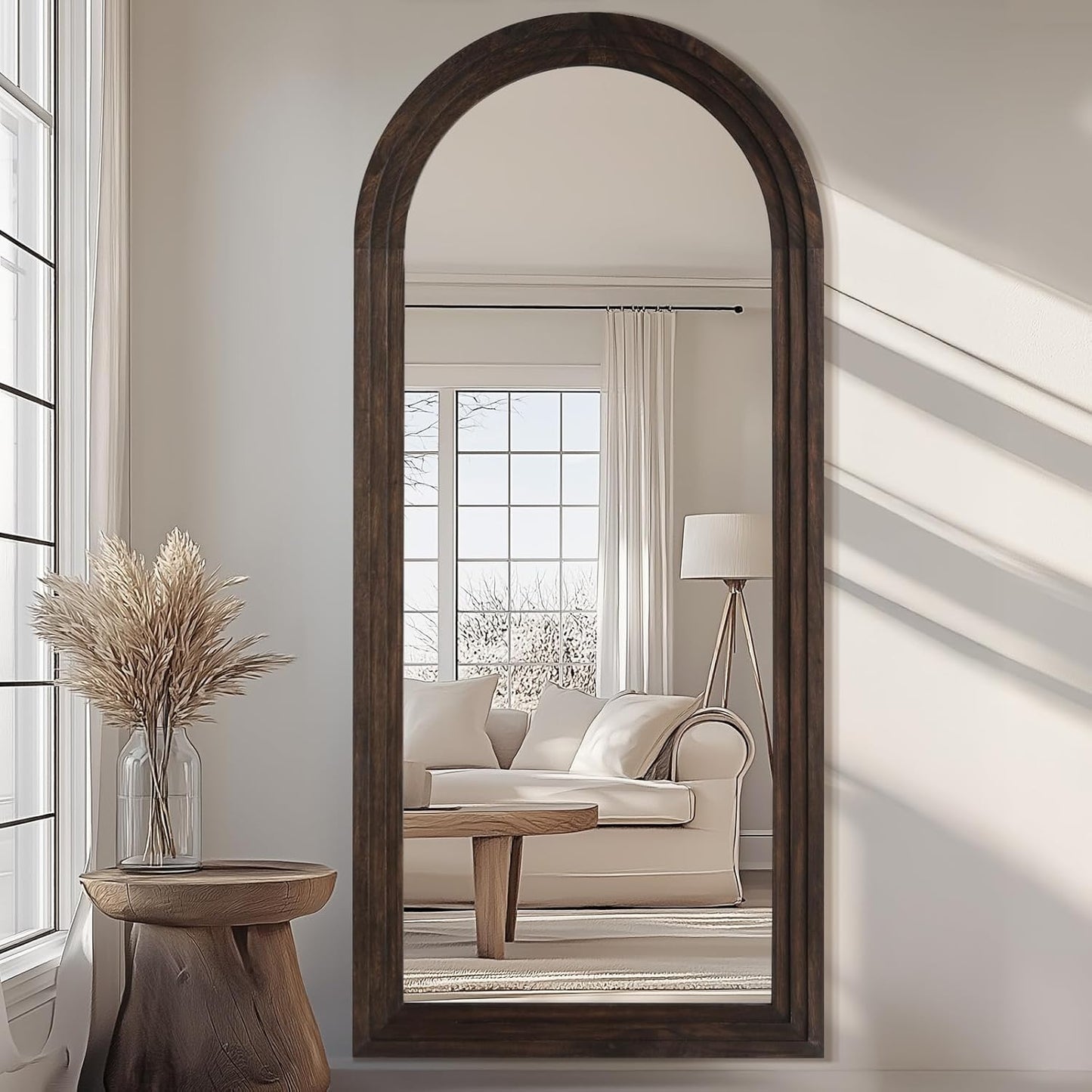 MELOMOIR Arched Full Length Mirror with Solid Wood Frame, 56"x21" Rustic Farmhouse Floor Mirror with Stand, Free Standing Leaning Hanging, for Bedroom Living Room Dressing Room Entryway, Brown