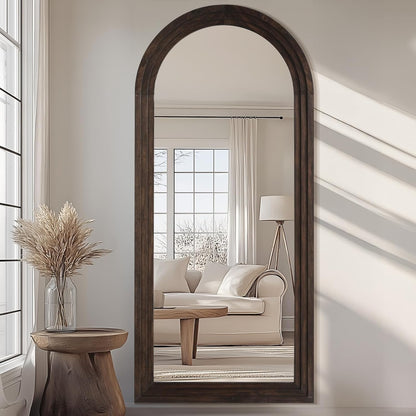 MELOMOIR Arched Full Length Mirror with Solid Wood Frame, 56"x21" Rustic Farmhouse Floor Mirror with Stand, Free Standing Leaning Hanging, for Bedroom Living Room Dressing Room Entryway, Brown