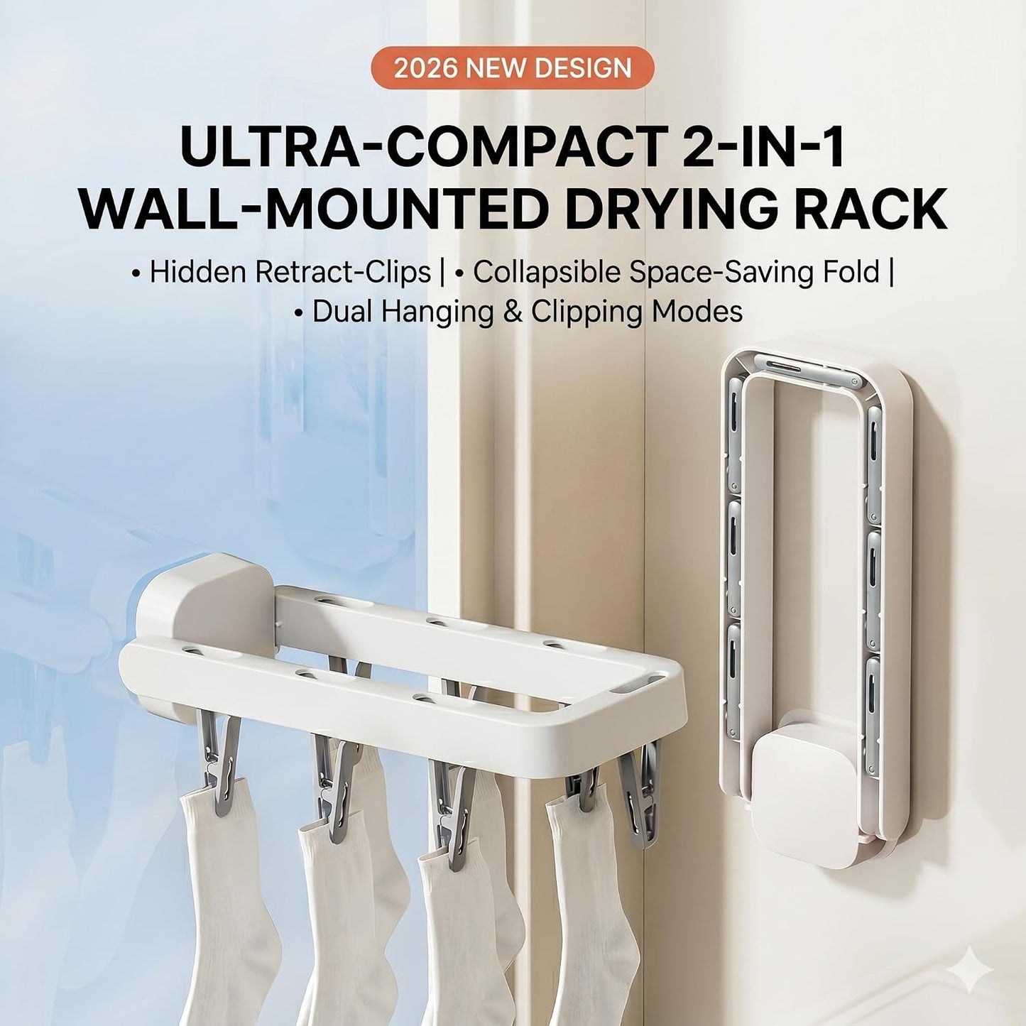 Foldable Wall Mounted Drying Rack with 7 Hidden Clips, Punch-Free Adhesive Sock & Underwear Hanger, Collapsible Space-Saving Laundry Rack for Bathroom, Balcony & Washstand, Holds 11 lbs (White-1 Pcs)