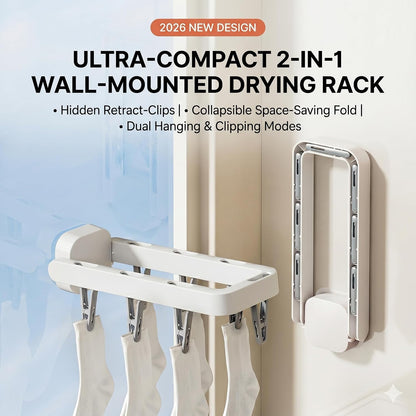 Foldable Wall Mounted Drying Rack with 7 Hidden Clips, Punch-Free Adhesive Sock & Underwear Hanger, Collapsible Space-Saving Laundry Rack for Bathroom, Balcony & Washstand, Holds 11 lbs (White-1 Pcs)