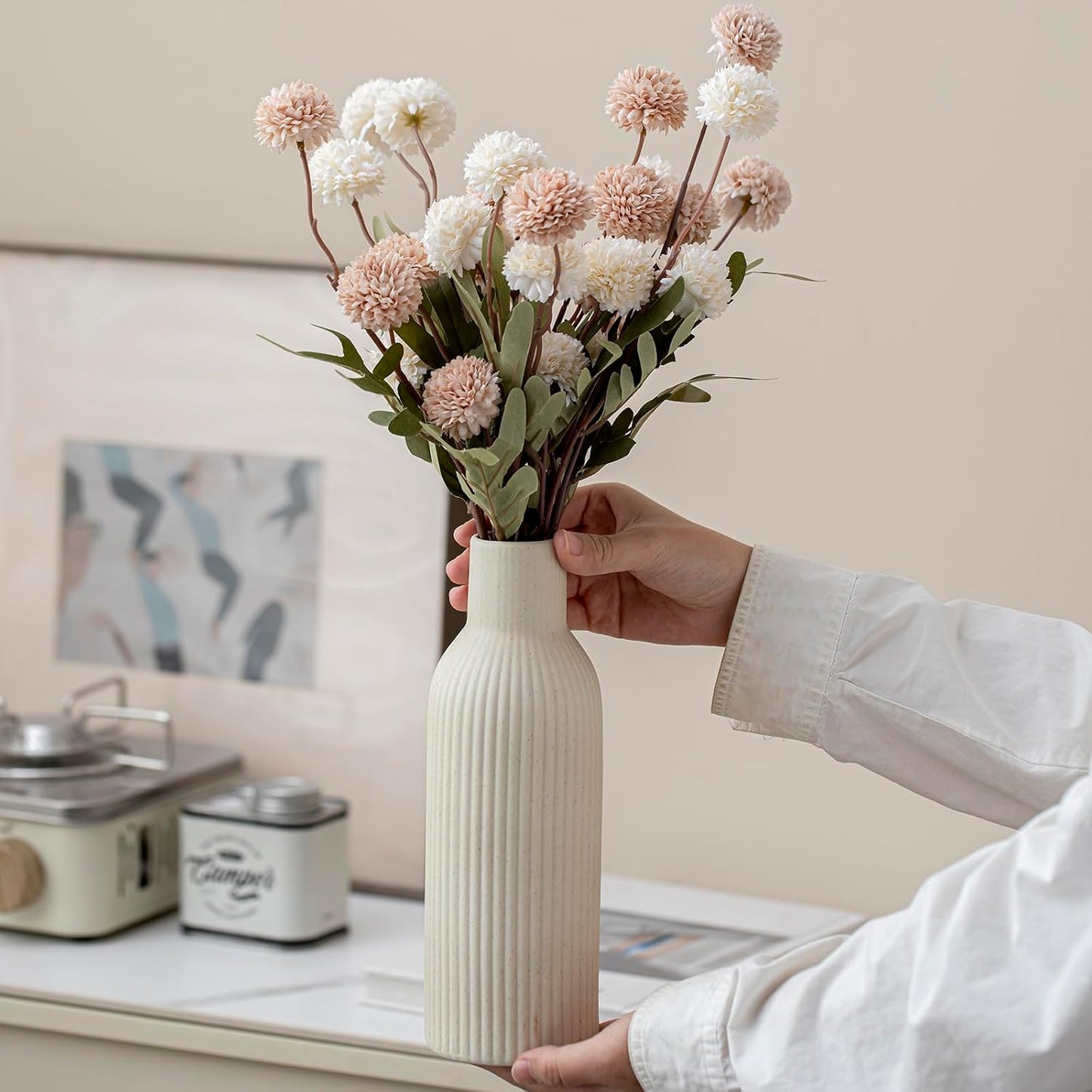 Modern Ceramic Vases Set of 3, Coffee Table Ribbed Decorative Vases, Shelf Table Centerpiece for Home Decor (Coffee Mix)
