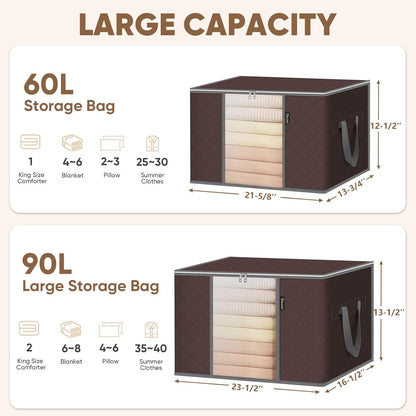 BALEINE 2 Pack Clothes Storage Bags, 16 Gallon Storage Containers with Reinforced Handle, Sturdy Zipper, Closet Organizer for Blanket, Comforter, Pillow, Bedding (Grey, 2 Pack)