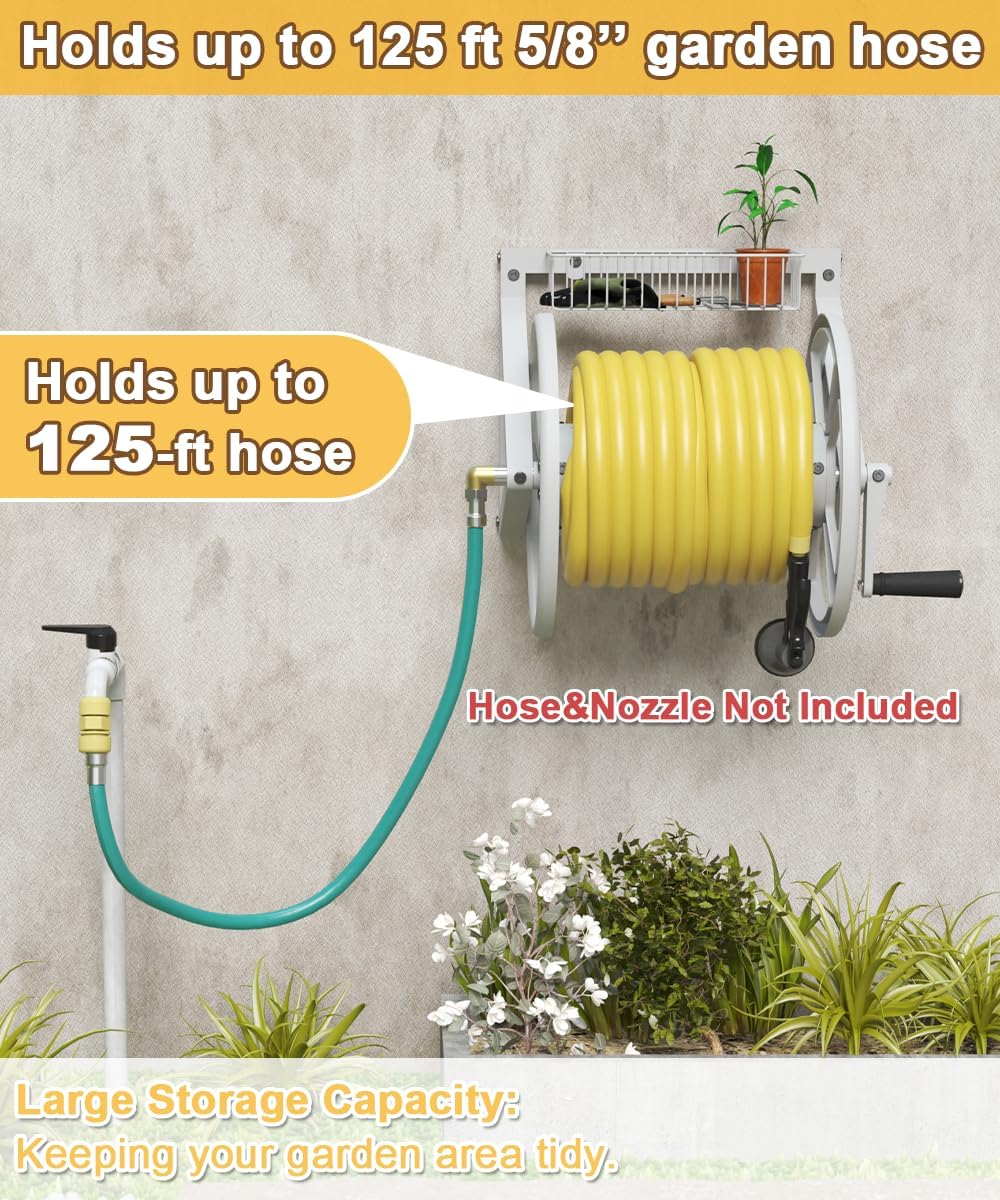 Artigarden Triangle Wall Mounted Garden Hose Reel, Outdoor Heavy-Duty Water Hoses Holder Winder, Holds 125 Ft of 5/8-Inch Hose, with 3.9 ft Leader Hose, Brass Fitting, Storage Basket for Yard, Black