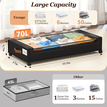 Yecaye Under Bed Storage with Wheels, 2 Pack Under Bed Storage Containers, 60L Underbed Shoe Storage with Clear Window & Label, Rolling Under Bed Metal Drawer for Clothes, Shoes, Books, Blankets