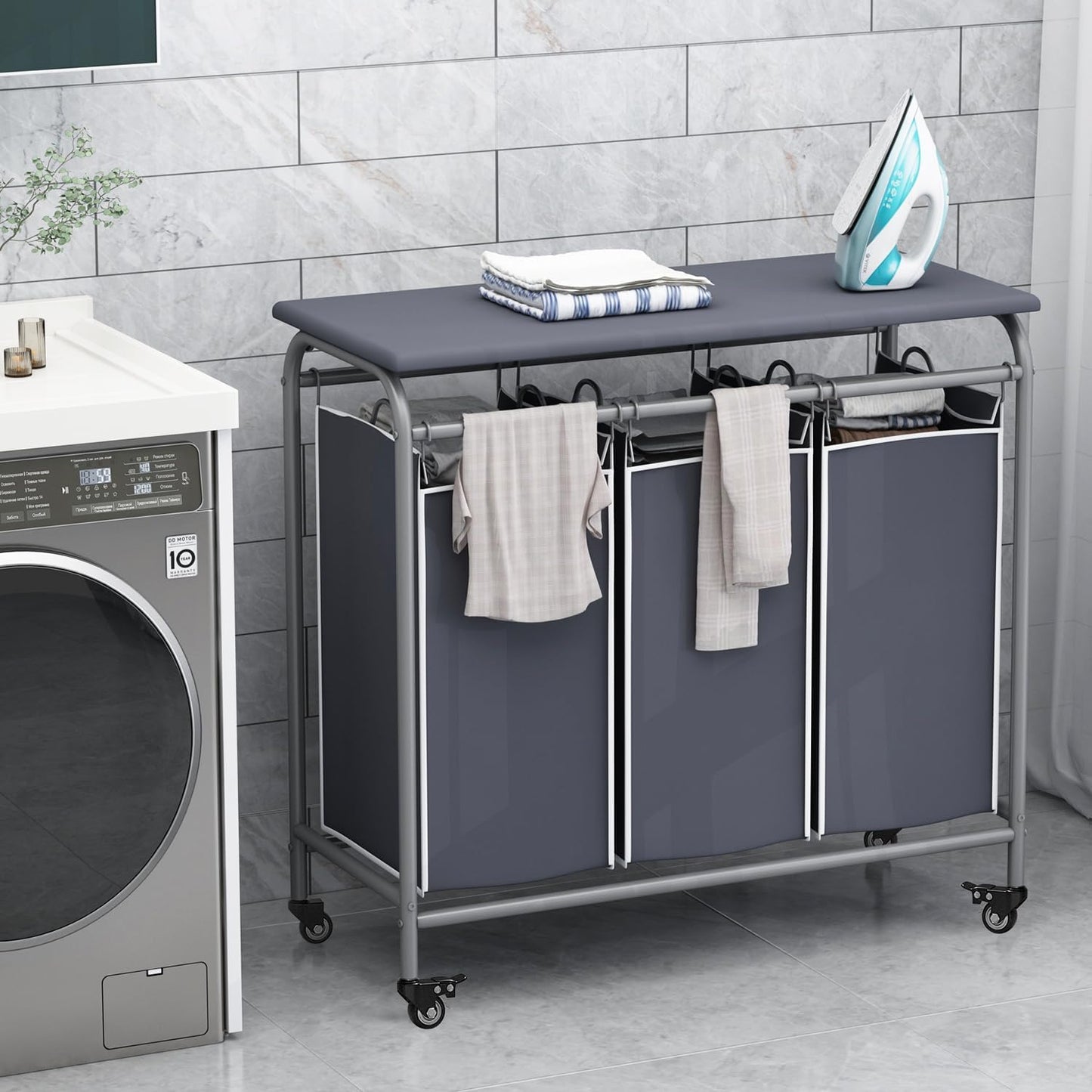 LINZINAR 3-Bag Laundry Hamper, Black Laundry Basket, 35.6 Gal(135 L) Laundry Sorter Cart Laundry Room Organization with Heavy Duty Rolling Lockable Wheels and Removable Bags