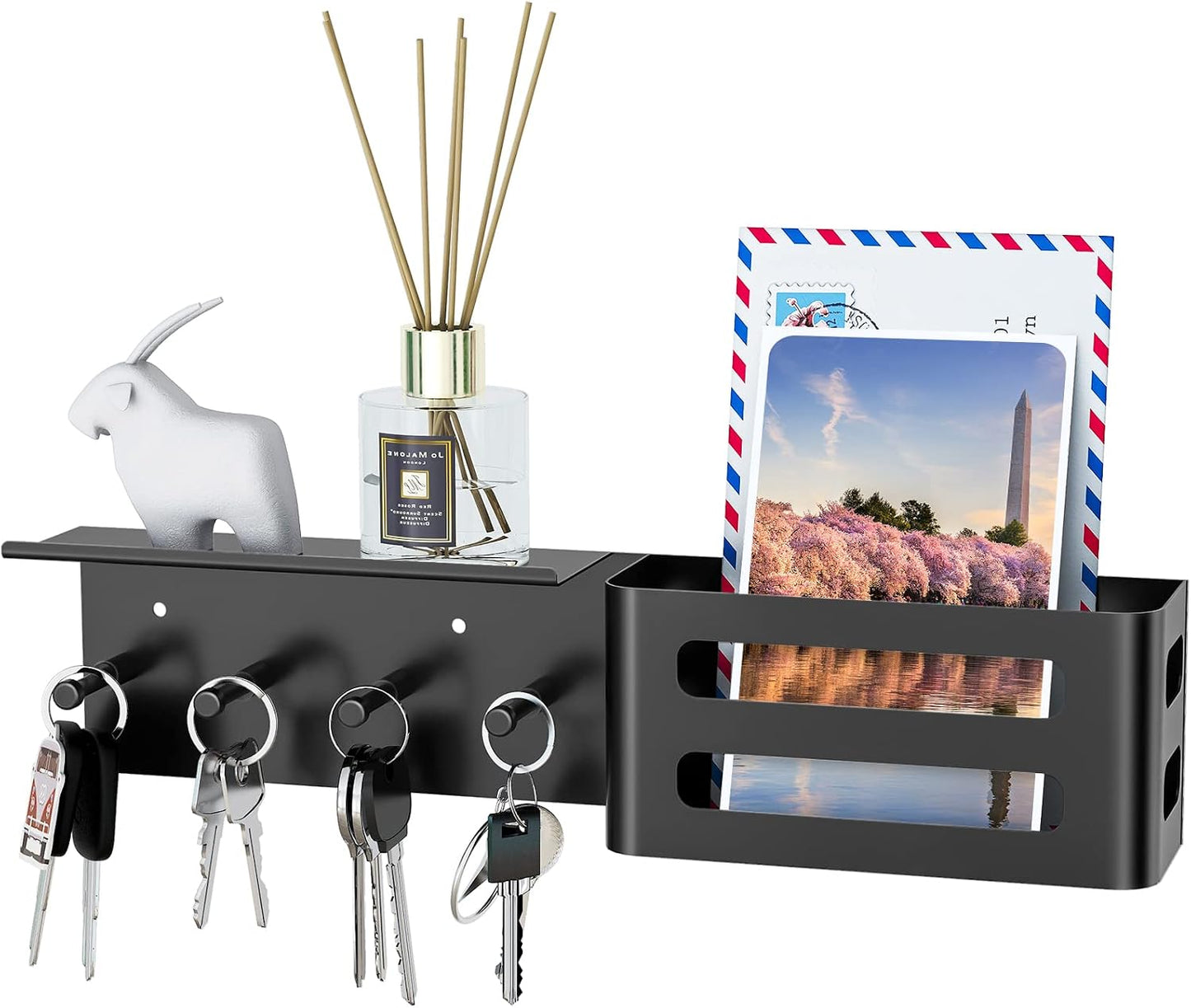 MKO Key Holder Wall Mount, Key Holder Wall Mount Adhesive with Mail Organizer Tray with 6 Key Hooks for Wall, Black