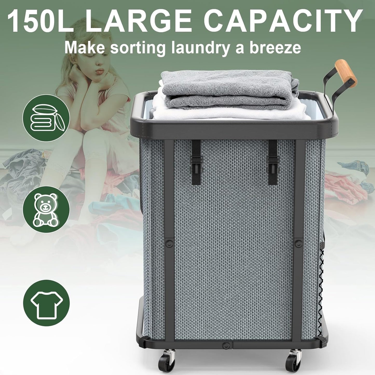230L (60 Gal) Extra Large Fashion Laundry Sorter 3 Section with Lid, Rolling Laundry Basket Hamper with Handle, Laundry Organizer Storage Cart with Sturdy Metal Frame for Laundry Room, Hotel, White