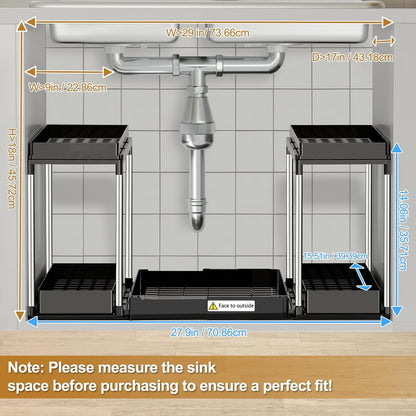 NIUXX Expandable Under Sink Organizer: 2 Tier Height Adjustable Under Cabinet Organizer - Double Pull Out Shelf Under Sink Storage for Kitchen - Bathroom and Laundry Room - Space Saving