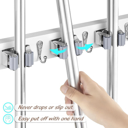 OUTNILI Mop and Broom Holder Wall Mount - Wood Broom Mop Hanger - Wall Mounted Garden Tool Rack Organizer for Closet Garage Laundry Room for Rustic Kitchen Decor With 5 Slots & 4 Hooks