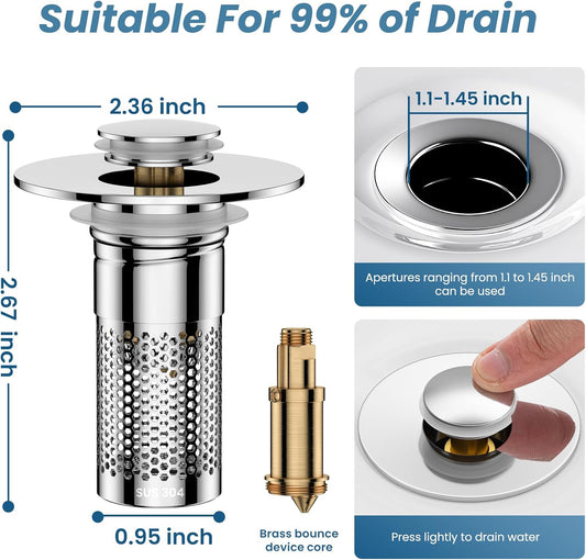Bathroom Sink Drain Strainer for 1.1"-1.45" Basin Drain Holes(2 Pcs) | Pop Up Sink Drain Filter with Removable Stainless Steel Filter Basket Hair Catcher Plug