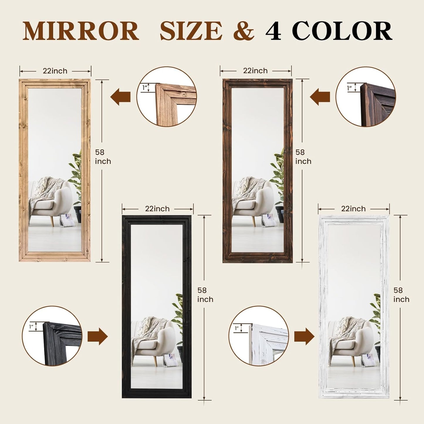 Full Length Mirror 65"x22" with Stand Solid Wood Frame Floor Large Mirror for Living Room, Bedroom Hanging Standing or Leaning Wall-Mounted, New Black