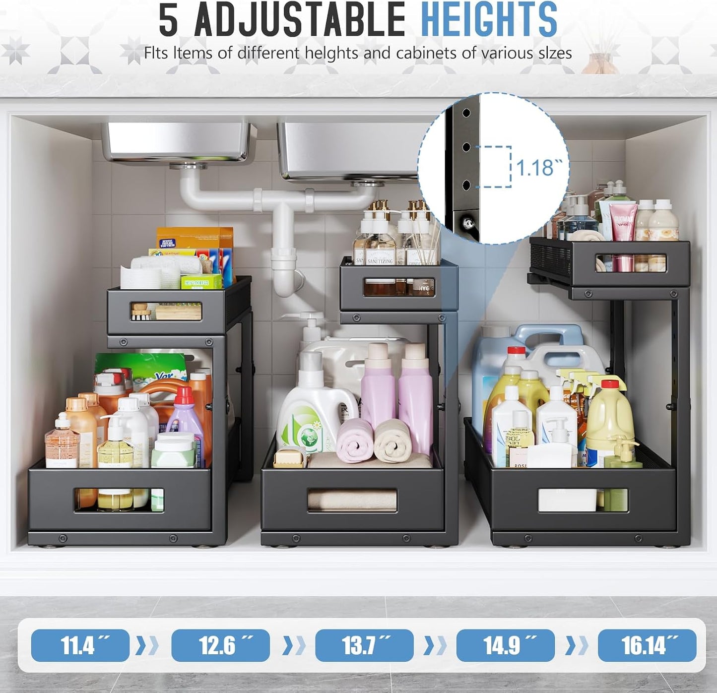 2-Pack Under Sink Storage Organizer, Large 2-Tier Elegant Mesh Pull Out Shelf for Kitchen and Bathroom Cabinet Organization, L-Shaped and Adjustable Height Design,Patent Pending-Black