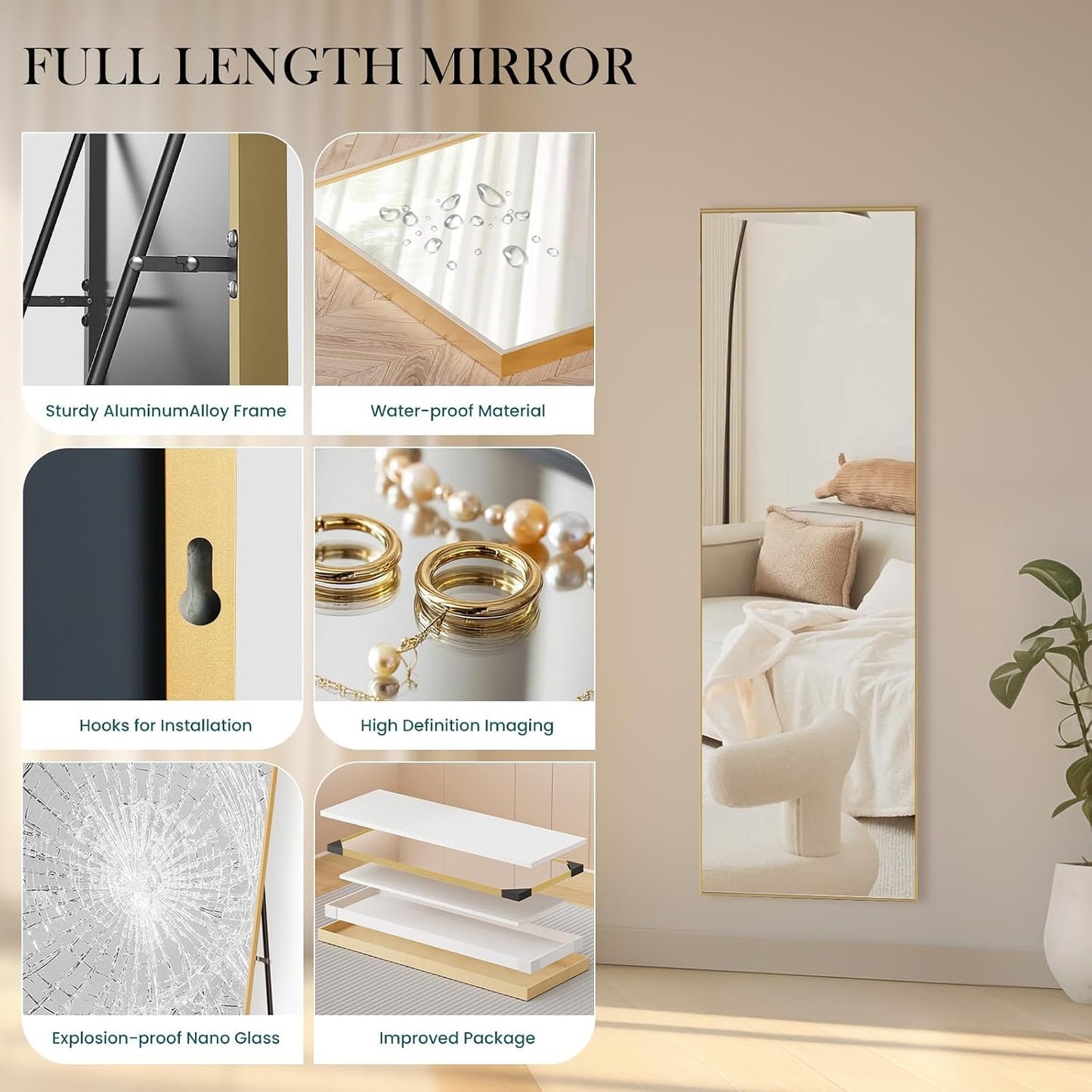 DUMOS 64"x21" Full Length Mirror, Full Body Mirror, Black | Aluminum Alloy Thin Frame, Leaning or Hanging, Suitable for Bedroom, Livingroom, Cloakroom