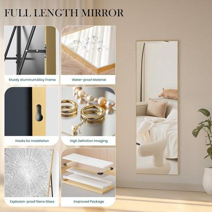 DUMOS 64"x21" Full Length Mirror, Full Body Mirror, Black | Aluminum Alloy Thin Frame, Leaning or Hanging, Suitable for Bedroom, Livingroom, Cloakroom