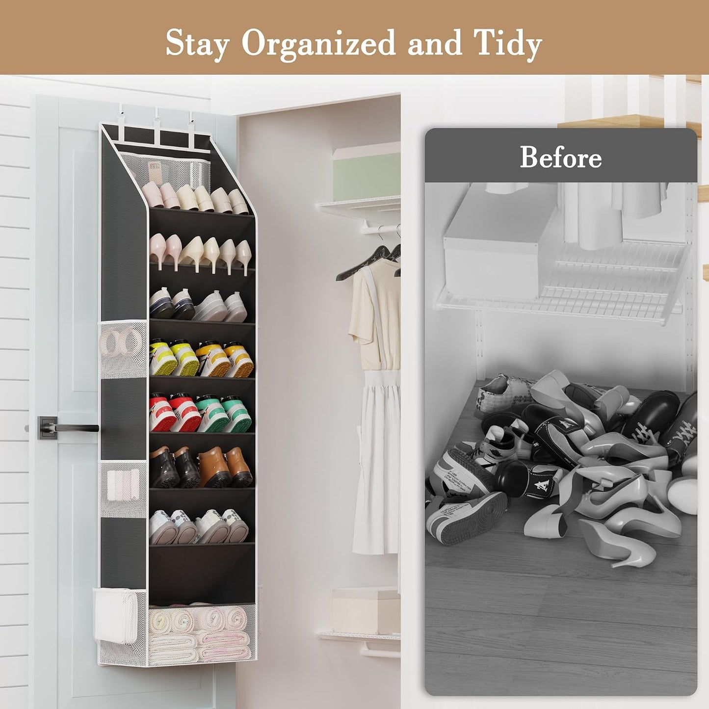Criusia Shoe Organizer, Over the Door Shoe Organizer, Hanging Closet Shoe Storage with Large Deep Pockets, Fits 16–24 Pairs of Sneakers, Sandals, Boots, Gray