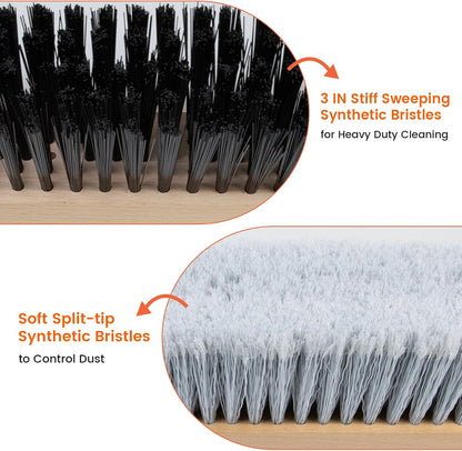 ALANNG 24” Push Brooms for Indoor and Outdoor, Heavy Duty Broom for Sweeping with 61” Wood Handle, Soft Bristle and Stiff Bristle Broom Set for Shop, Garage (2 Pieces)