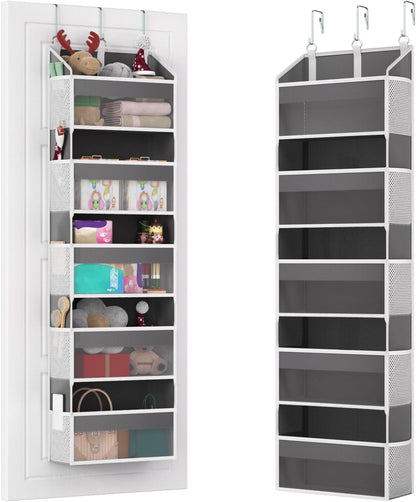 Over the Door Organizer with 5 Front & 10 MeshSide Pockets, 50LB Capacity Extra Large Nursery & Bathroom Hanging Storage Organizer Multi-Room Space-Saving Designwith 3 Hook for Kitchen, Pantry,Grey