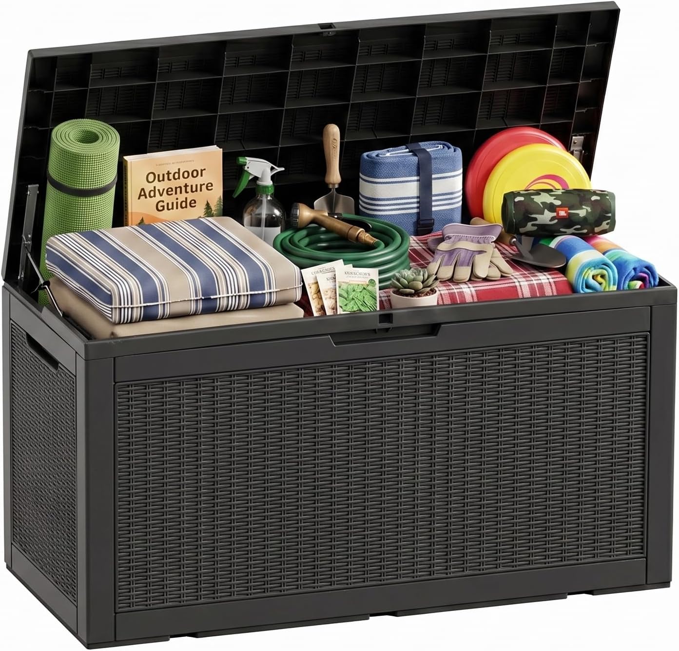 230 Gallon Large Outdoor Storage Box Waterproof, UV Resistant Resin Deck Box with Hydraulic Rod & Lockable Latch for Patio Furniture, Outside Storage Box for Garden Tools, Patio Cushions, Black