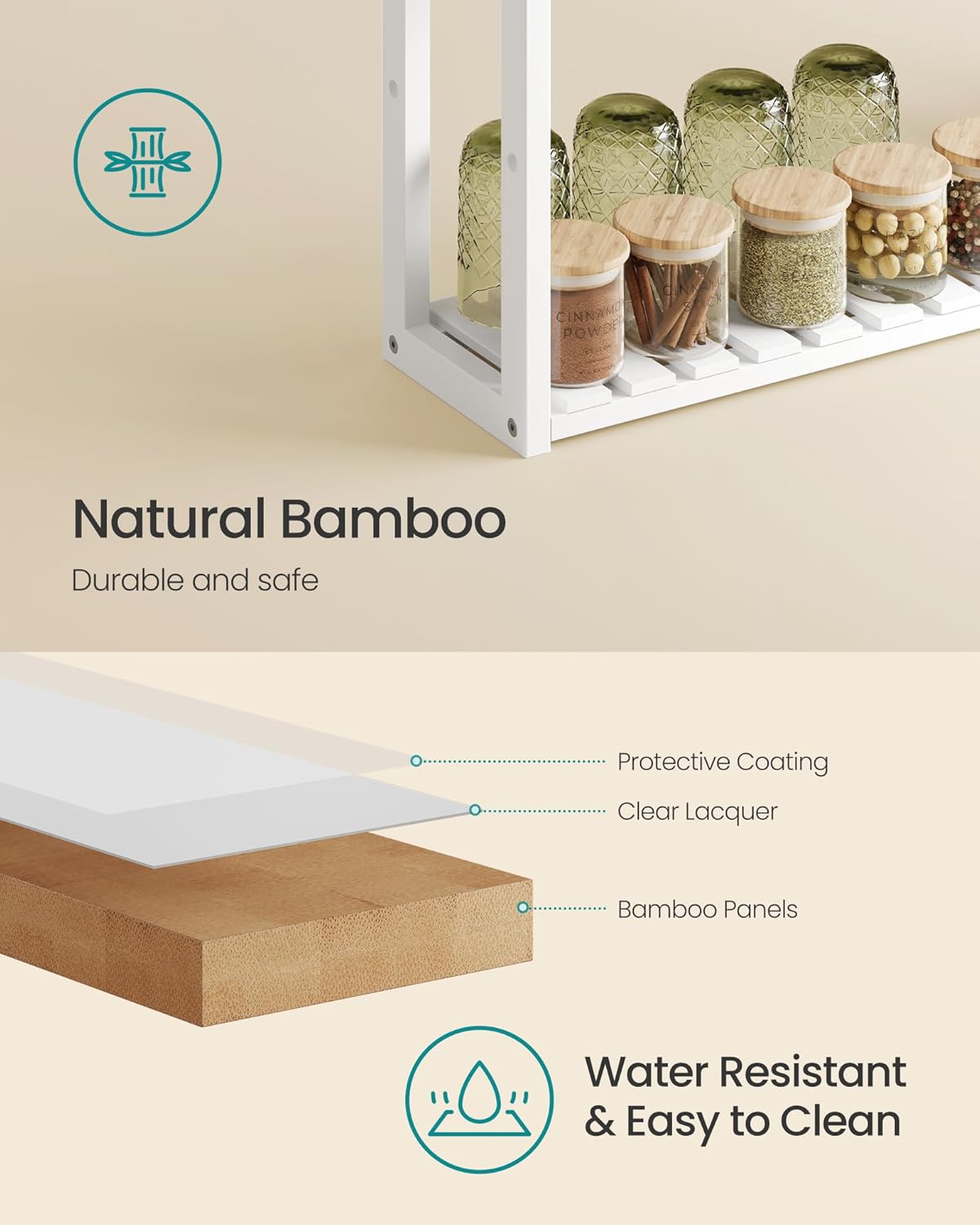 SONGMICS Bamboo Rolling Cart, 3-Tier Utility Cart on Wheels, Slim Narrow Storage Shelf, Bamboo Shelves, Space-Saving, Multifunctional, for Bathroom, Kitchen, White and Natural UBCB083N02