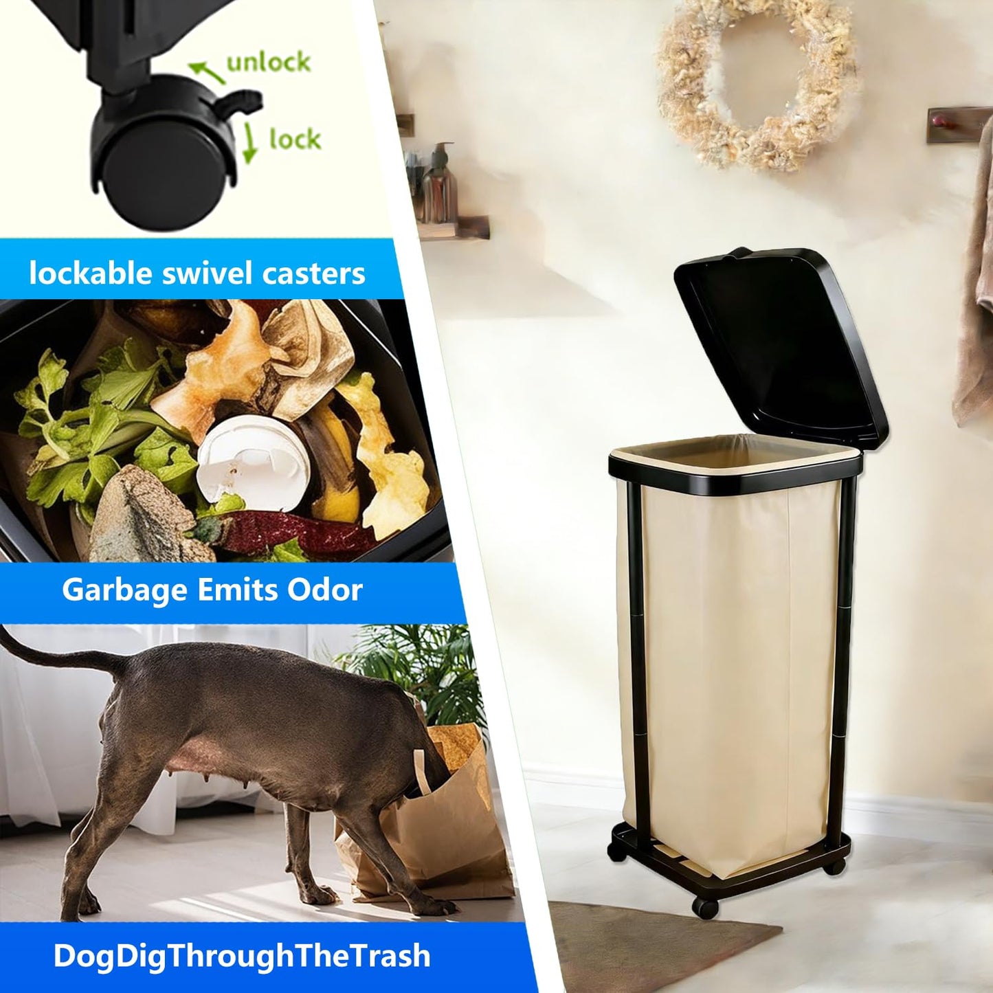 Foldable Trash Bag Holder with Cover and 4 Wheels - 3 Level Adjustable Height Plastic Trash Bag Holder, 13 Gallon Trash Can, for Kitchen Camping Yard RV Indoor Outdoor