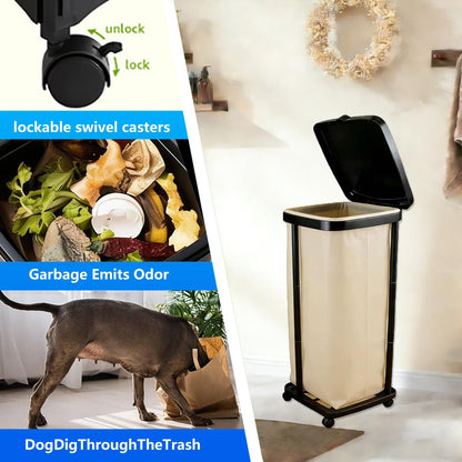 Foldable Trash Bag Holder with Cover and 4 Wheels - 3 Level Adjustable Height Plastic Trash Bag Holder, 13 Gallon Trash Can, for Kitchen Camping Yard RV Indoor Outdoor