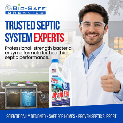 DrainFix & Septic Restorer – 32 oz Enzyme Septic Tank Treatment & Drainfield Restoration – Organic Drain Cleaner for Sewer Lines, RV & Home Plumbing – Safe for Pipes & Septic Systems