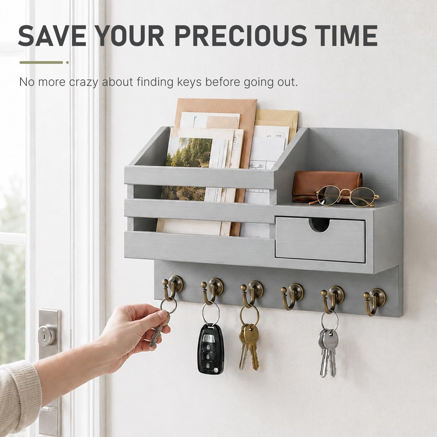 FifthQuarter Key Holder Wall Mount: Key and Mail Holder for Wall with 6 Hooks and Storage Drawer, Easy Installation Key Rack for Entryway Home Decor (A-White)