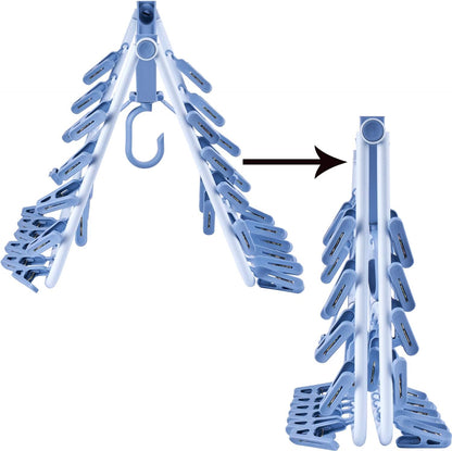 Foshine Foldable Clip Hangers Plastic Blue with 32Pcs Drying Clips | Drip Hanger Foldable Wind-Proof Hook For Underwear Socks Bras Lingerie Clothes