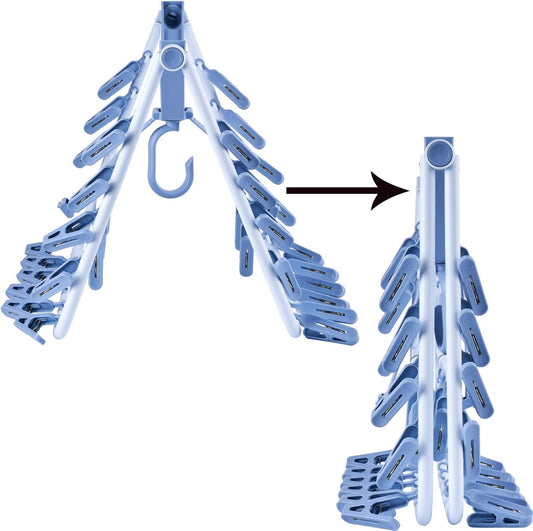 Foshine Foldable Clip Hangers Plastic Blue with 32Pcs Drying Clips | Drip Hanger Foldable Wind-Proof Hook For Underwear Socks Bras Lingerie Clothes