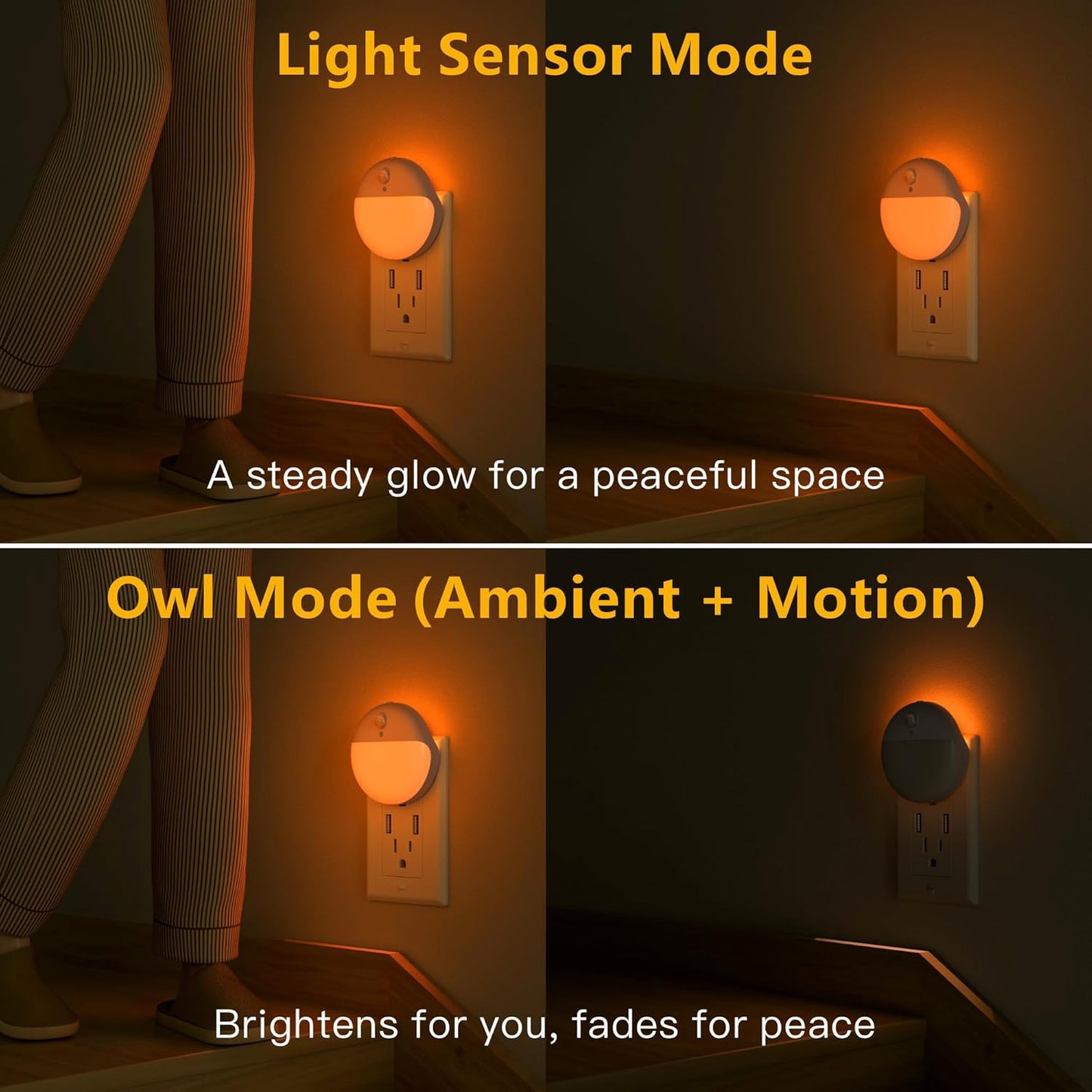 YUNLEX 2 Pack Plug in Night Light with Motion Sensor and Dusk to Dawn Sensor, Stepless Dimming, Warm White LED Nightlight with 3 Lighting Ways for Bathroom, Bedroom, Kitchen, for Kids, Adults
