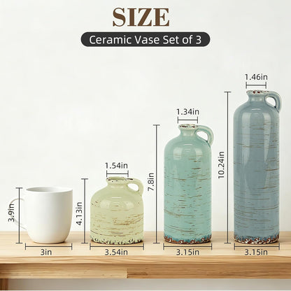 TBWIND Ceramic Vases Set of 3, Neutral Pottery Rustic Farmhouse Flower Vase | Small Decorative Flower Vases Modern Home Decor for Table Mantel Entryway Bookshelf Living Room Kitchen Bedroom