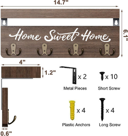 buways Key Holder Wall Mount with 4 Double Hooks-Solid Wood Wall-Mounted Organizer for Keys&Mail Rustic Key Rack Hanger Holder Home Decor for Entryway Living Room (Gray)