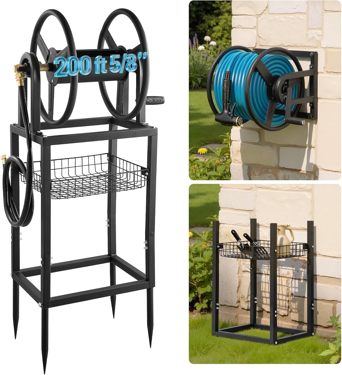 VEVOR Wall Mounted Garden Hose Reel, Holds 125 ft 5/8-inch Hose, Heavy-Duty Water Hose Winder, Space-Saving Design, Outdoor Manual Reel with Brass Fitting and Storage Basket for Yard Lawn