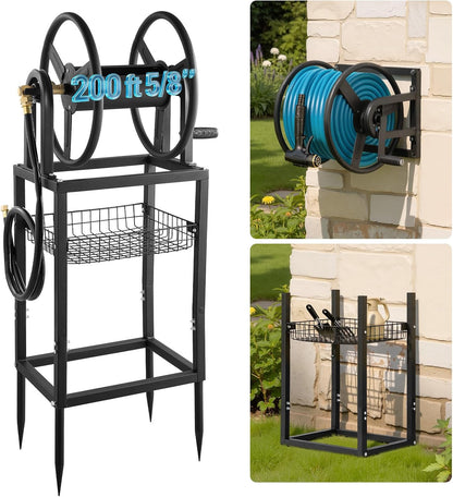 VEVOR Wall Mounted Garden Hose Reel, Holds 125 ft 5/8-inch Hose, Heavy-Duty Water Hose Winder, Space-Saving Design, Outdoor Manual Reel with Brass Fitting and Storage Basket for Yard Lawn