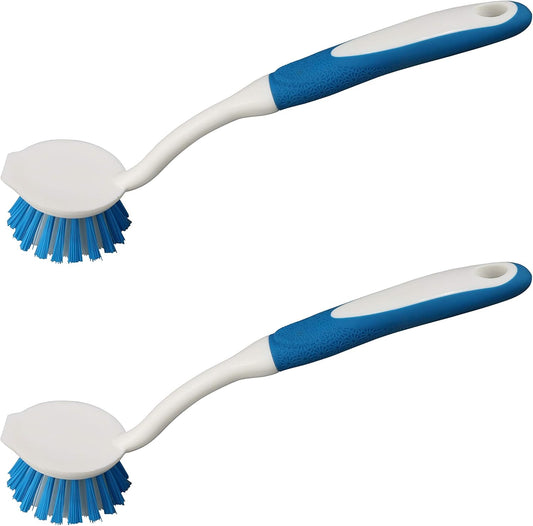 2-Pack Kitchen Round Scrub Brush for Cleaning Dishes Pots Pan Sink and Bathroom with Comfortable Long Handle