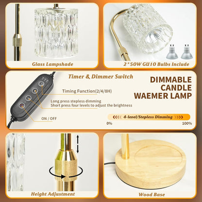 Candle Warmer Lamp with Timer and Dimmable, Electric Wax Melt Candle Warmers Height Adjustable with 2 Bulbs, Birthday Gifts for Women House Warming, Home Decor for Scented Jar Candles(Clear)
