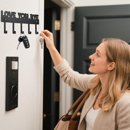 Key Holder Wall Mount, No Drill Adhesive, Black, 5 Hooks | 'Love You.Bye' Entryway Organizer, Metal, 10x4 Inch, Screws Installation